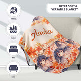 Anime Girl Floral Orange Blue Pattern Kawaii Character Design Lovely  Personalised Custom Name Super Soft Fleece Blanket Bed Sofa Throw