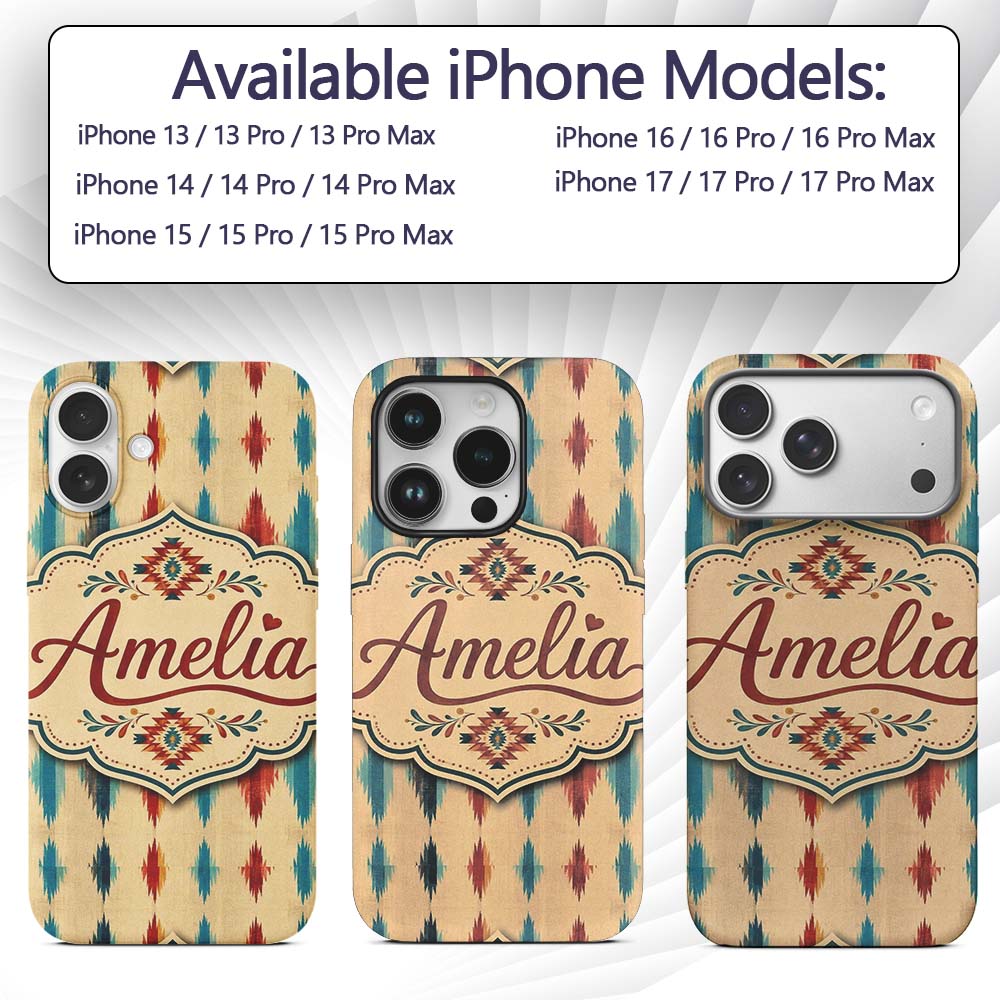 Southwestern Diamond Ikat Pattern in Earthy Tones Custom Name Protective Phone Case Mobile Cover Durable Everyday Smartphone Shock Resistant