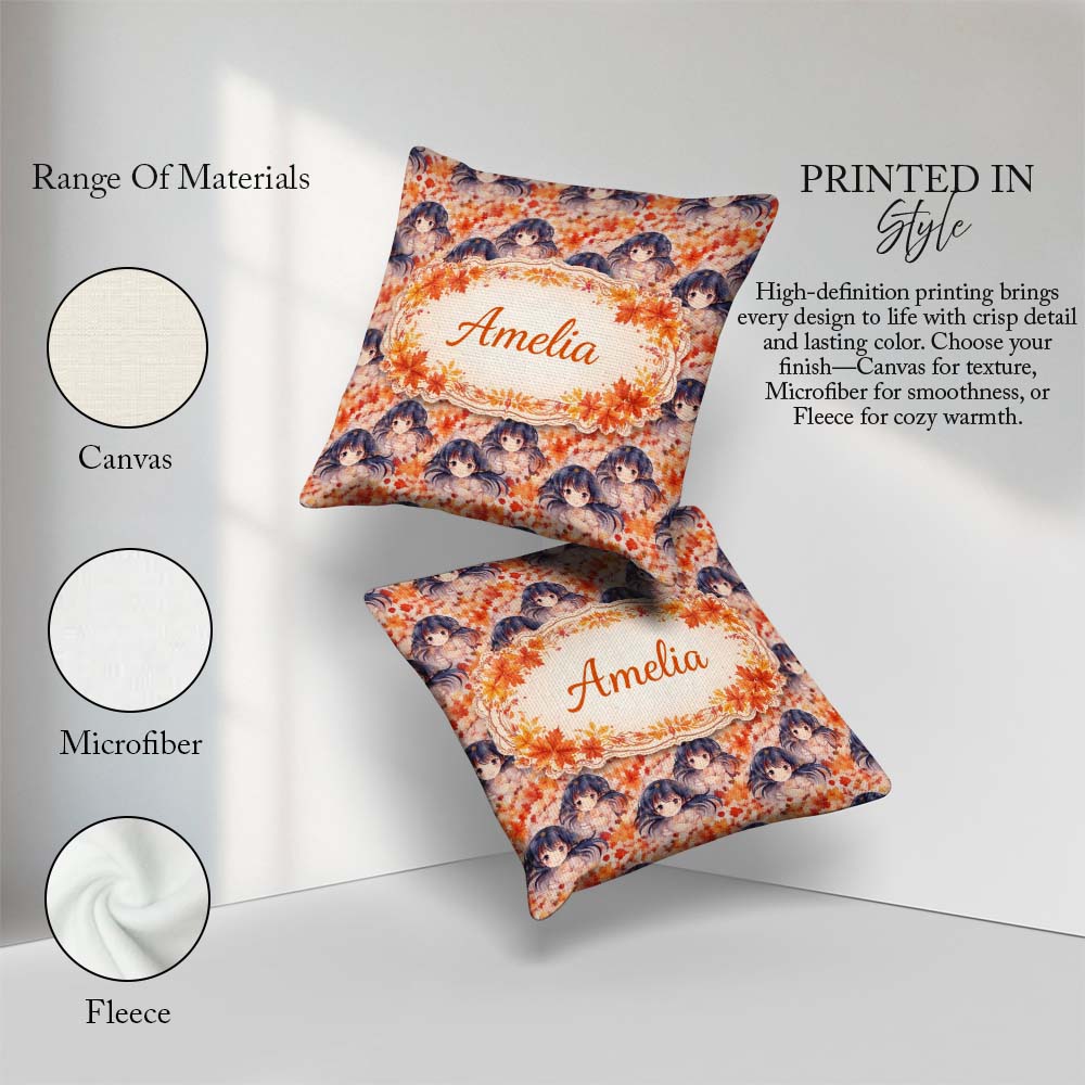 Custom Name Anime Girl Floral Orange Blue Pattern Kawaii Design Square Filled Cushion Throw Pillow Sofa Bed Home Decor Zip Washable UK Made