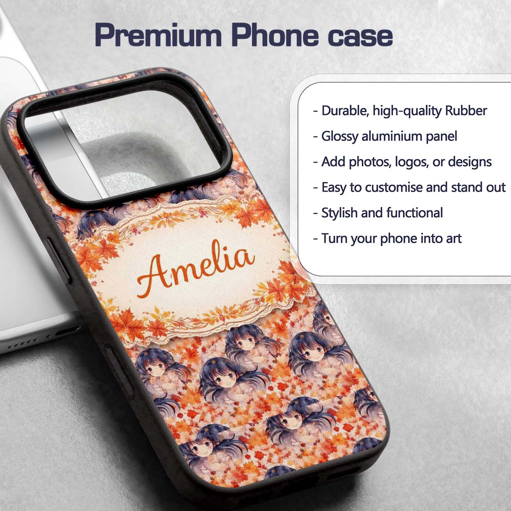 Anime Girl Floral Orange Blue Pattern Kawaii Custom Name Protective Phone Case Mobile Cover Durable Everyday Smartphone Shock Resistant