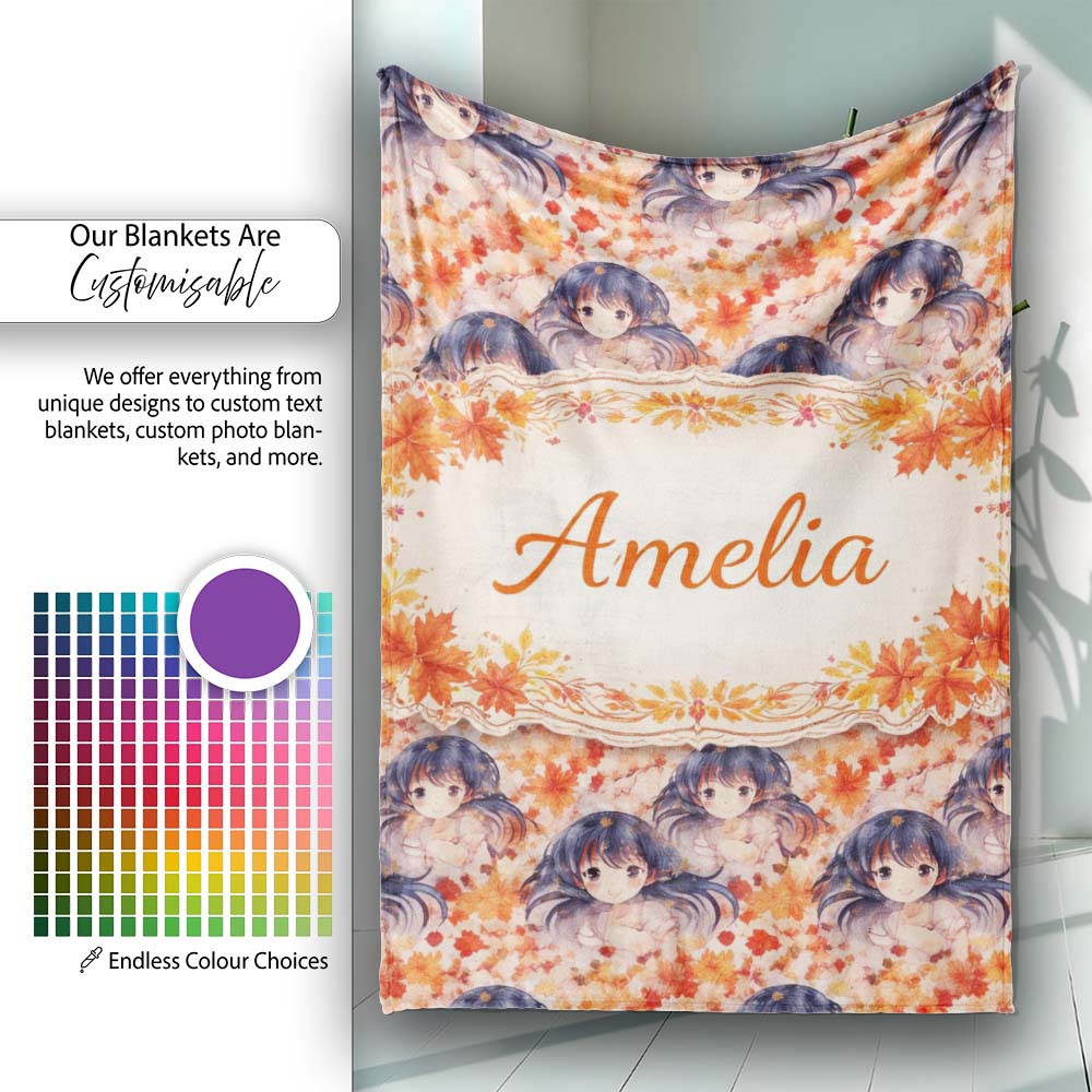 Anime Girl Floral Orange Blue Pattern Kawaii Character Design Lovely  Personalised Custom Name Super Soft Fleece Blanket Bed Sofa Throw