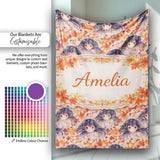 Anime Girl Floral Orange Blue Pattern Kawaii Character Design Lovely  Personalised Custom Name Super Soft Fleece Blanket Bed Sofa Throw