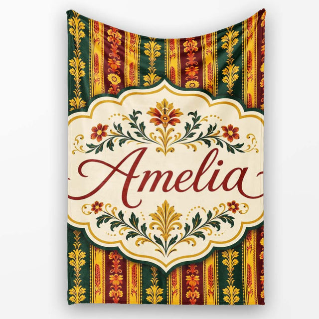 Ornate Vintage Stripe Floral Pattern in Red Gold and Green Seamless  Personalised Custom Name Super Soft Fleece Blanket Bed Sofa Throw