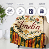 Ornate Vintage Stripe Floral Pattern in Red Gold and Green Seamless  Personalised Custom Name Super Soft Fleece Blanket Bed Sofa Throw
