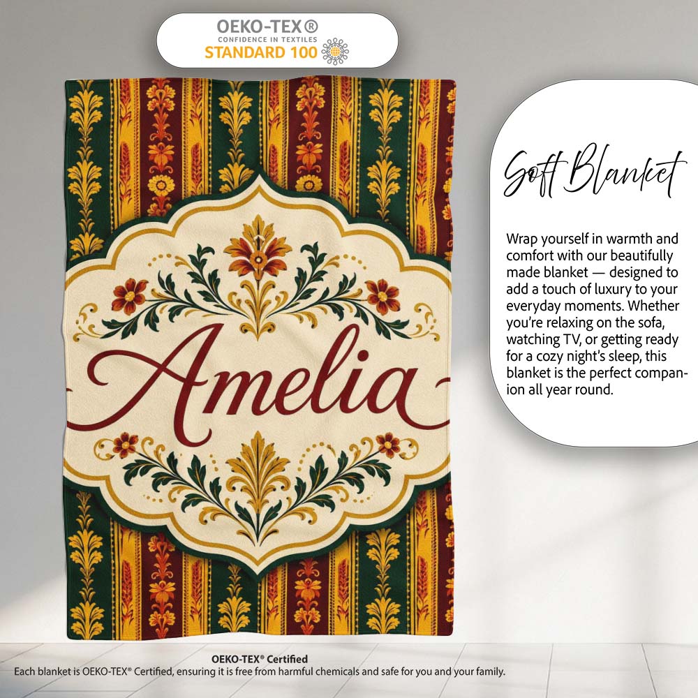 Ornate Vintage Stripe Floral Pattern in Red Gold and Green Seamless  Personalised Custom Name Super Soft Fleece Blanket Bed Sofa Throw