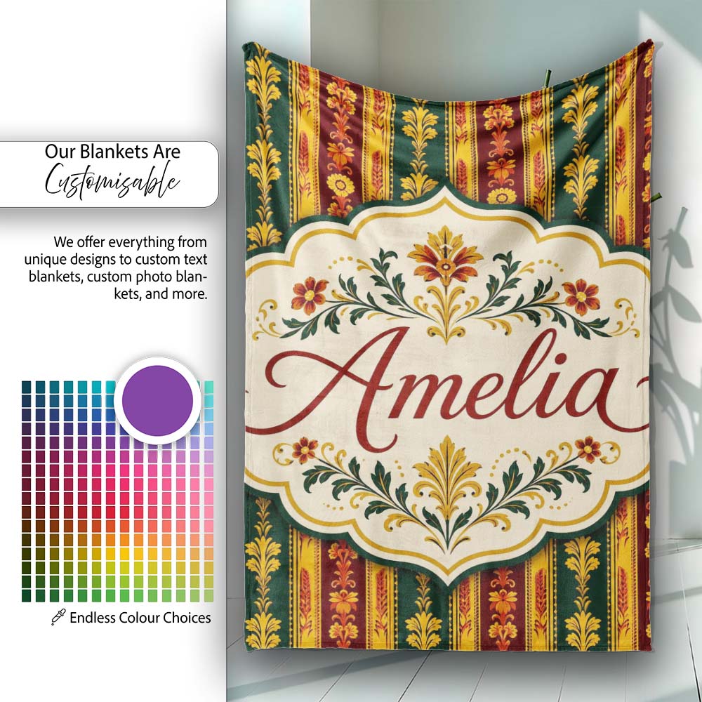 Ornate Vintage Stripe Floral Pattern in Red Gold and Green Seamless  Personalised Custom Name Super Soft Fleece Blanket Bed Sofa Throw