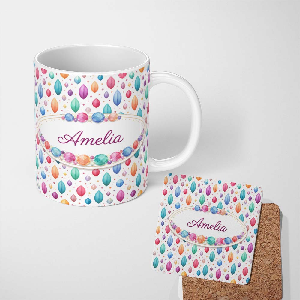 Personalized Custom Name Minimal Multicolor Small Gemstone Scatter Seamless Pattern Lovely 11oz Ceramic Coffee Tea Mug White Large Handle