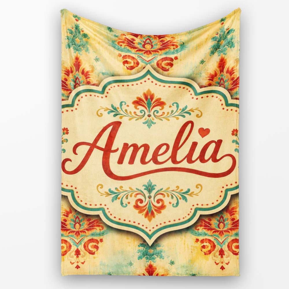 Vintage Distressed Damask Motif Pattern in Red Teal and Gold Lovely  Personalised Custom Name Super Soft Fleece Blanket Bed Sofa Throw