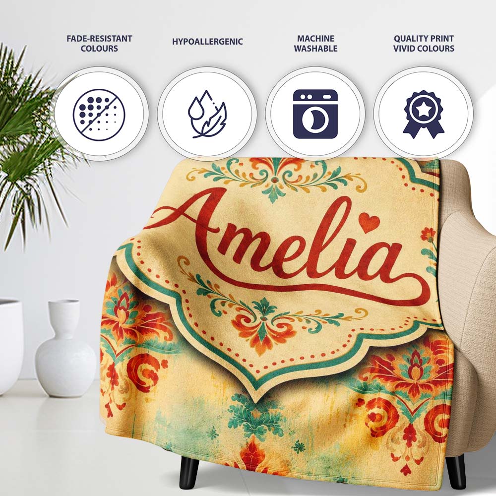 Vintage Distressed Damask Motif Pattern in Red Teal and Gold Lovely  Personalised Custom Name Super Soft Fleece Blanket Bed Sofa Throw