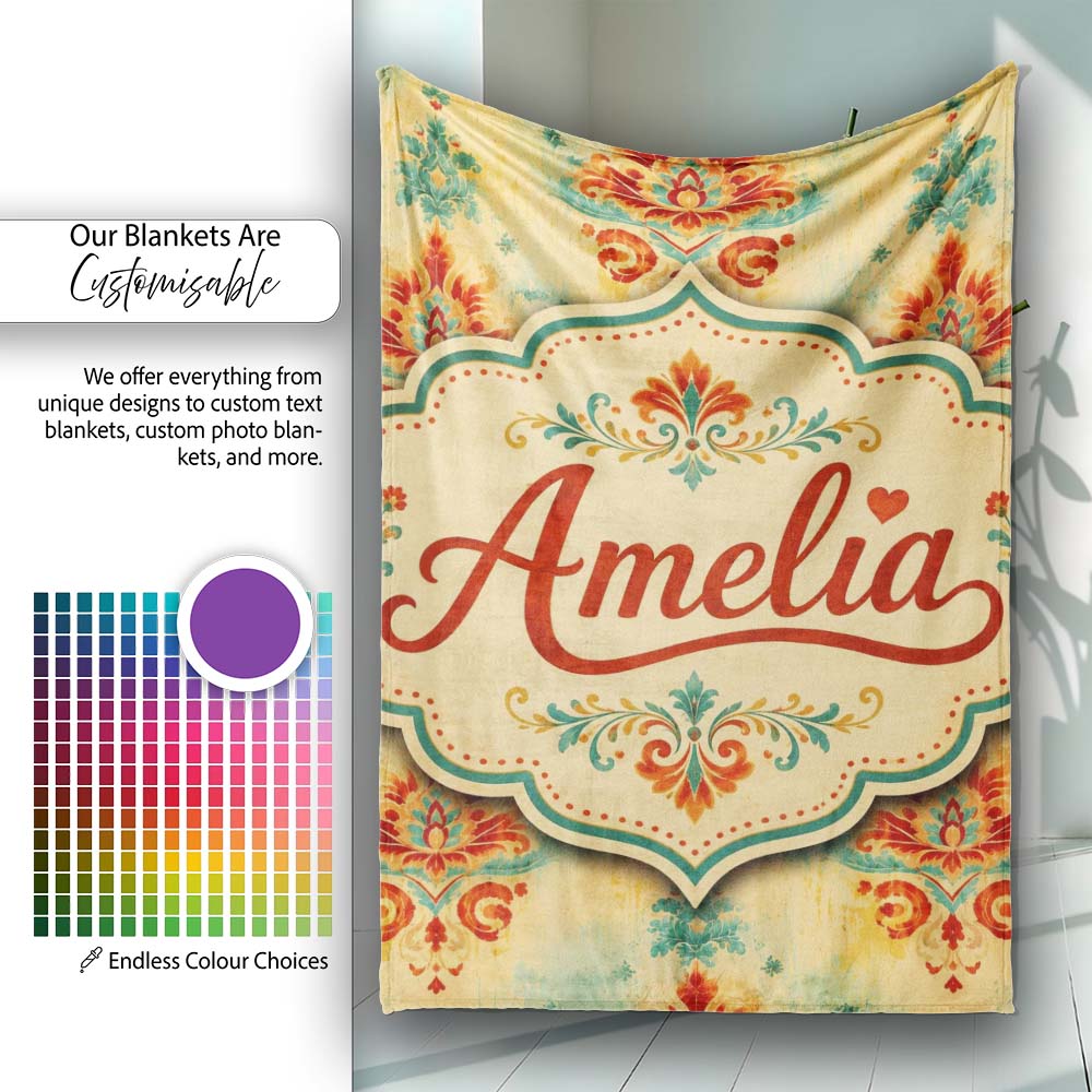 Vintage Distressed Damask Motif Pattern in Red Teal and Gold Lovely  Personalised Custom Name Super Soft Fleece Blanket Bed Sofa Throw
