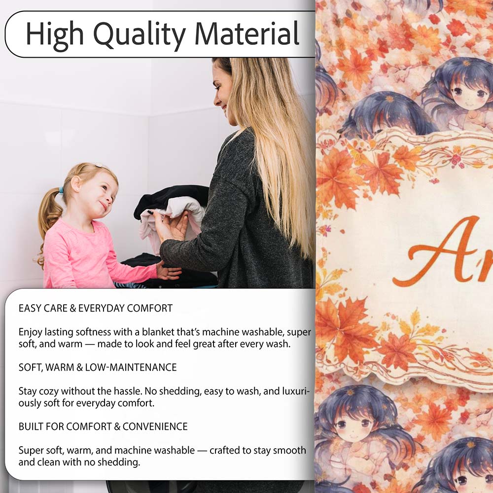 Anime Girl Floral Orange Blue Pattern Kawaii Character Design Lovely  Personalised Custom Name Super Soft Fleece Blanket Bed Sofa Throw