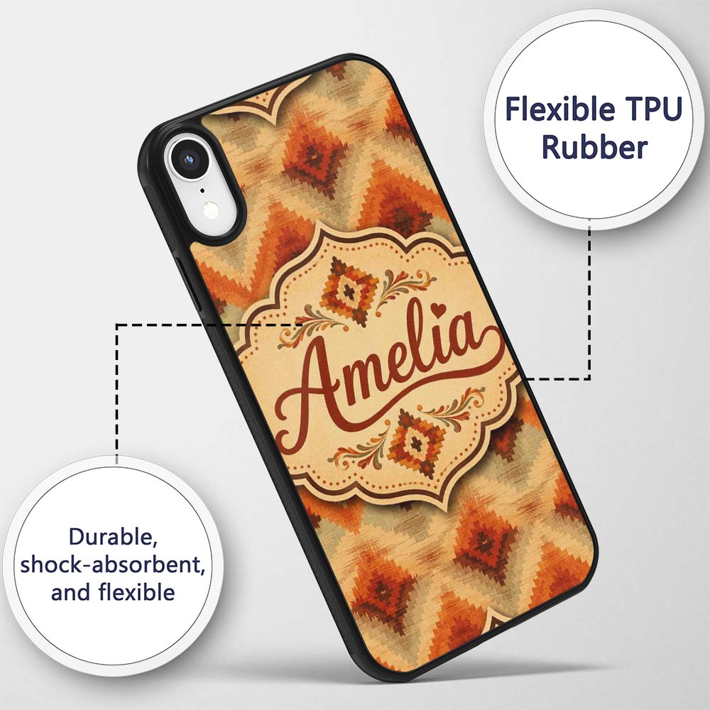 Southwestern Ikat Diamond Pattern in Warm Earth Custom Name Protective Phone Case Mobile Cover Durable Everyday Smartphone Shock Resistant