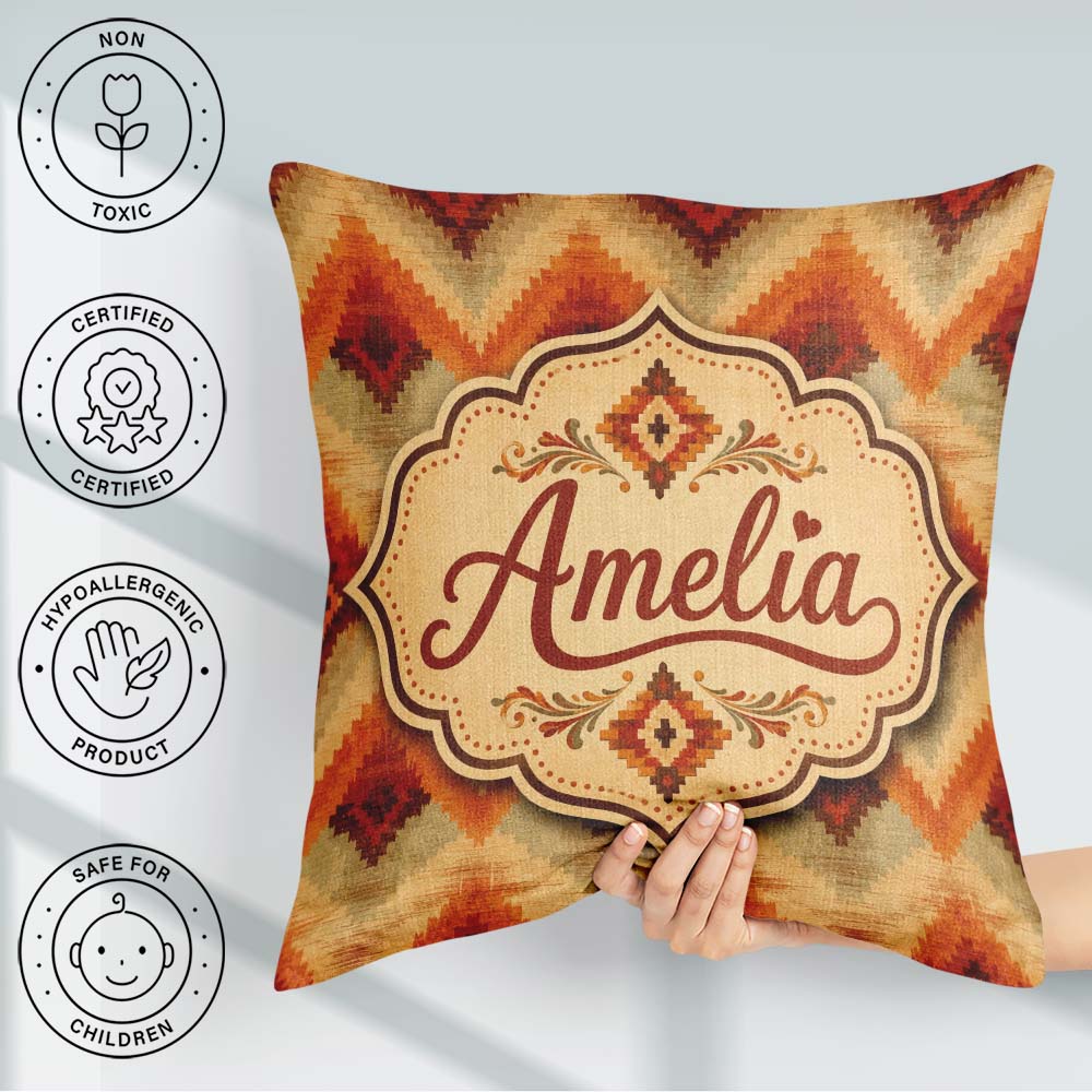 Custom Name Southwestern Ikat Diamond in Warm Earth Tones Lovely Square Filled Cushion Throw Pillow Sofa Bed Home Decor Zip Washable UK Made