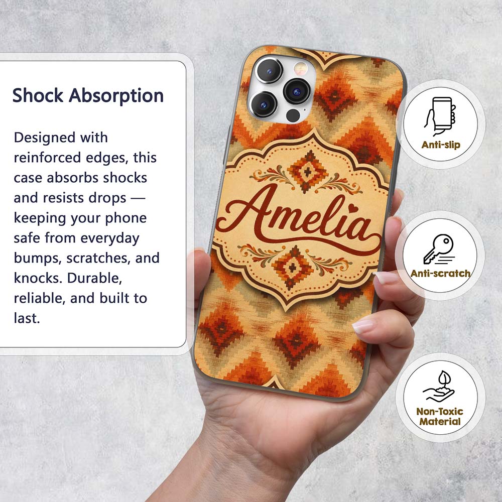 Southwestern Ikat Diamond Pattern in Warm Earth Custom Name Protective Phone Case Mobile Cover Durable Everyday Smartphone Shock Resistant