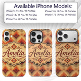 Southwestern Ikat Diamond Pattern in Warm Earth Custom Name Protective Phone Case Mobile Cover Durable Everyday Smartphone Shock Resistant