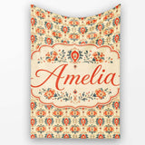 Ornamental Folk Floral Tile Pattern in Red Blue and Cream Lovely  Personalised Custom Name Super Soft Fleece Blanket Bed Sofa Throw