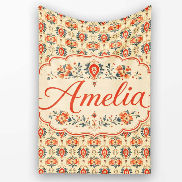 Ornamental Folk Floral Tile Pattern in Red Blue and Cream Lovely  Personalised Custom Name Super Soft Fleece Blanket Bed Sofa Throw