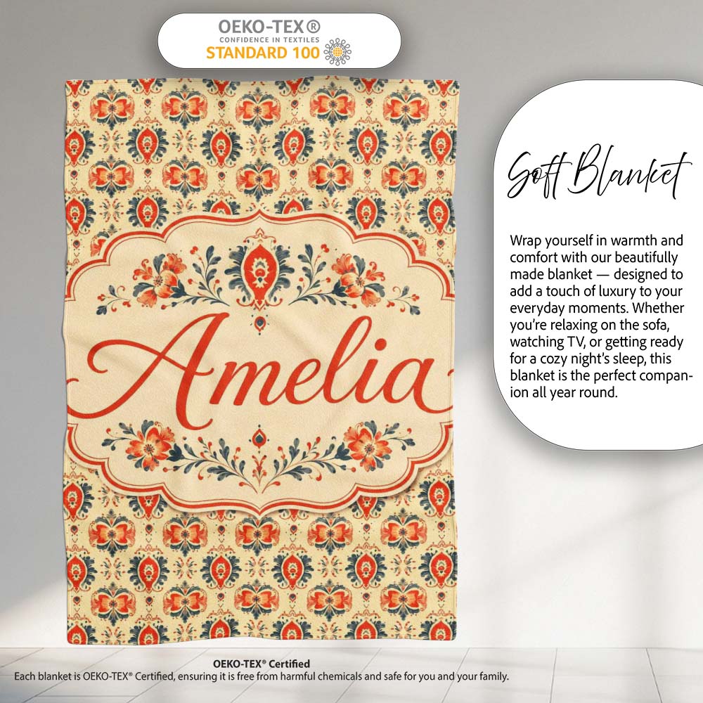 Ornamental Folk Floral Tile Pattern in Red Blue and Cream Lovely  Personalised Custom Name Super Soft Fleece Blanket Bed Sofa Throw