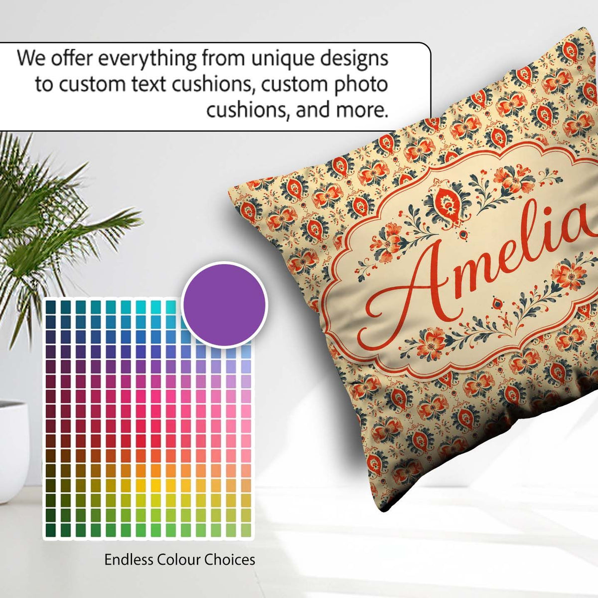 Custom Name Ornamental Folk Floral Tile Pattern in Red and Cream Square Filled Cushion Throw Pillow Sofa Bed Home Decor Zip Washable UK Made
