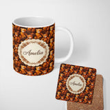 Personalized Custom Name Warm Brown Teddy Bear Painterly Style Seamless Pattern Lovely 11oz Ceramic Coffee Tea Mug White Large Handle