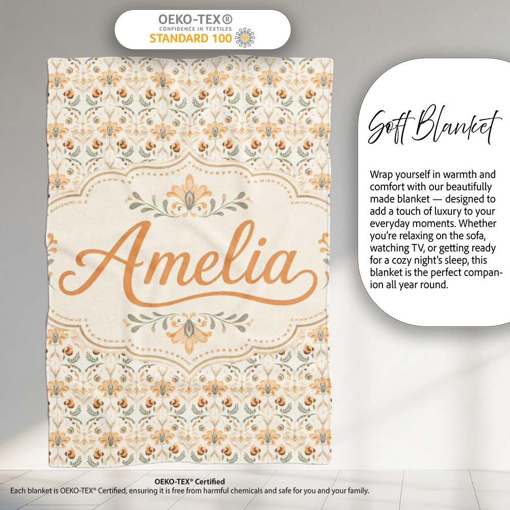 Vintage Ornamental Floral Tile Pattern in Soft Beige and Muted Earth  Personalised Custom Name Super Soft Fleece Blanket Bed Sofa Throw