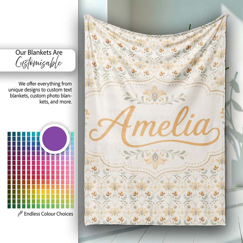 Vintage Ornamental Floral Tile Pattern in Soft Beige and Muted Earth  Personalised Custom Name Super Soft Fleece Blanket Bed Sofa Throw