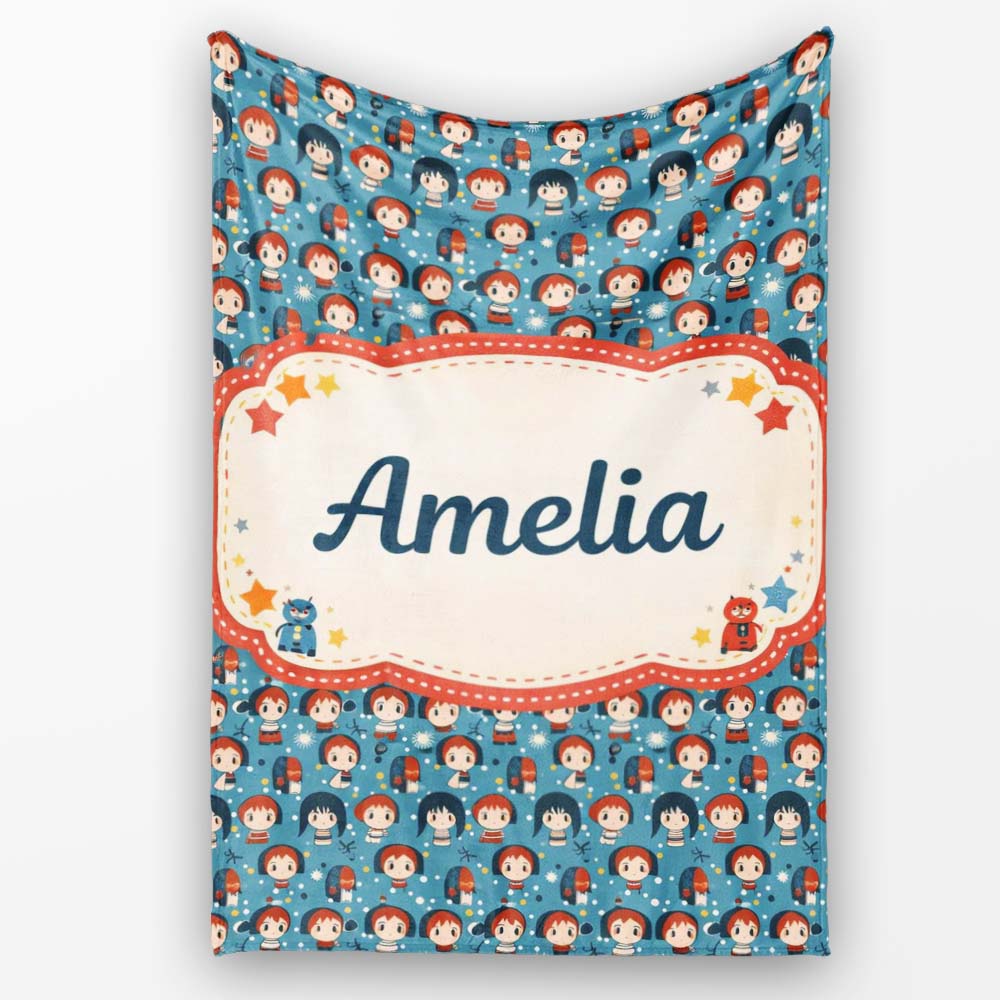 Cartoon Kids Blue Background Pattern Cute Character Design Lovely  Personalised Custom Name Super Soft Fleece Blanket Bed Sofa Throw
