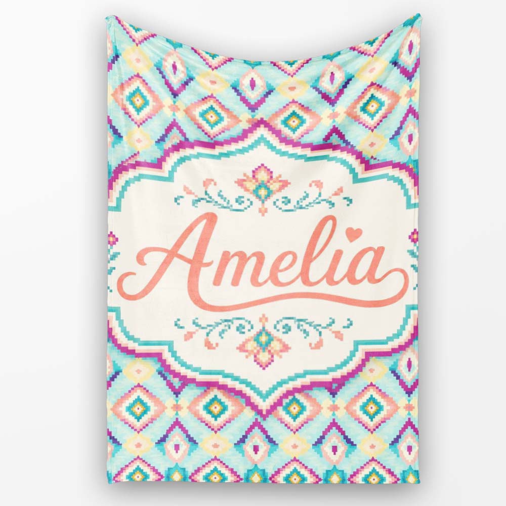 Pastel Geometric Diamond Ikat Pattern in Aqua Pink and Yellow Lovely  Personalised Custom Name Super Soft Fleece Blanket Bed Sofa Throw