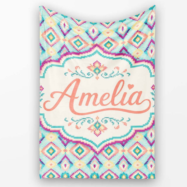 Pastel Geometric Diamond Ikat Pattern in Aqua Pink and Yellow Lovely  Personalised Custom Name Super Soft Fleece Blanket Bed Sofa Throw