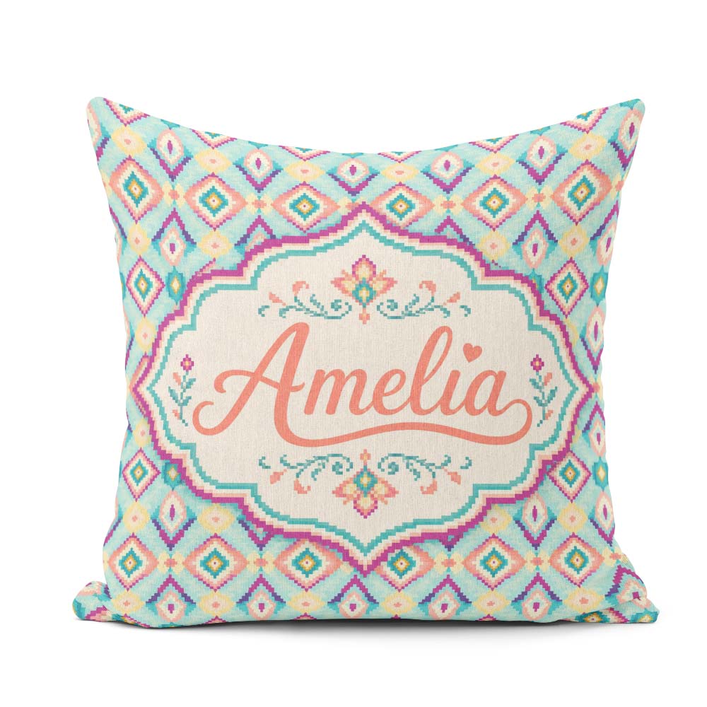 Custom Name Pastel Diamond Ikat Pattern in Aqua Pink and Yellow Square Filled Cushion Throw Pillow Sofa Bed Home Decor Zip Washable UK Made