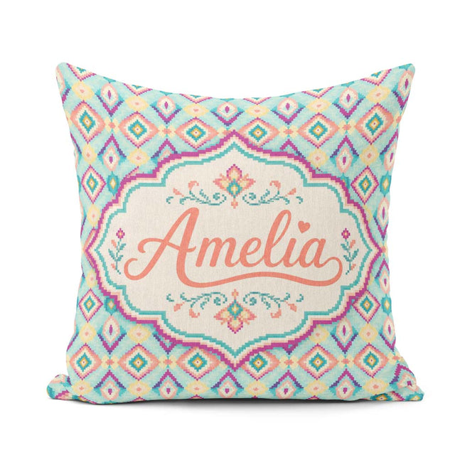 Custom Name Pastel Diamond Ikat Pattern in Aqua Pink and Yellow Square Filled Cushion Throw Pillow Sofa Bed Home Decor Zip Washable UK Made