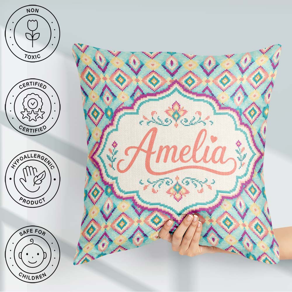 Custom Name Pastel Diamond Ikat Pattern in Aqua Pink and Yellow Square Filled Cushion Throw Pillow Sofa Bed Home Decor Zip Washable UK Made
