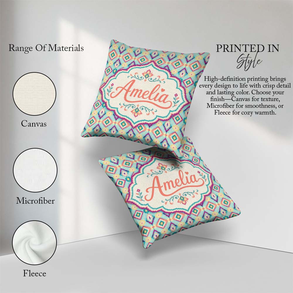 Custom Name Pastel Diamond Ikat Pattern in Aqua Pink and Yellow Square Filled Cushion Throw Pillow Sofa Bed Home Decor Zip Washable UK Made