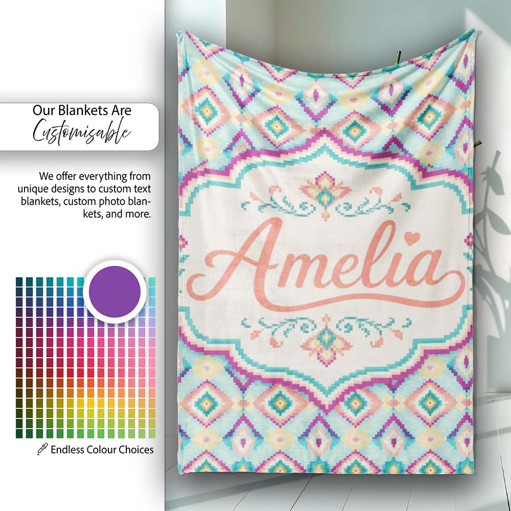 Pastel Geometric Diamond Ikat Pattern in Aqua Pink and Yellow Lovely  Personalised Custom Name Super Soft Fleece Blanket Bed Sofa Throw