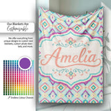 Pastel Geometric Diamond Ikat Pattern in Aqua Pink and Yellow Lovely  Personalised Custom Name Super Soft Fleece Blanket Bed Sofa Throw