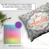 Custom Name Pastel Diamond Ikat Pattern in Aqua Pink and Yellow Square Filled Cushion Throw Pillow Sofa Bed Home Decor Zip Washable UK Made