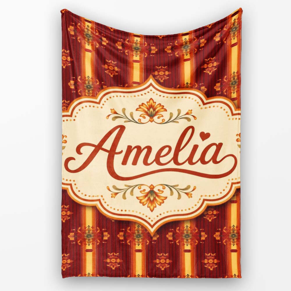 Rich Ornate Stripe Floral Pattern in Deep Red and Gold Lovely  Personalised Custom Name Super Soft Fleece Blanket Bed Sofa Throw