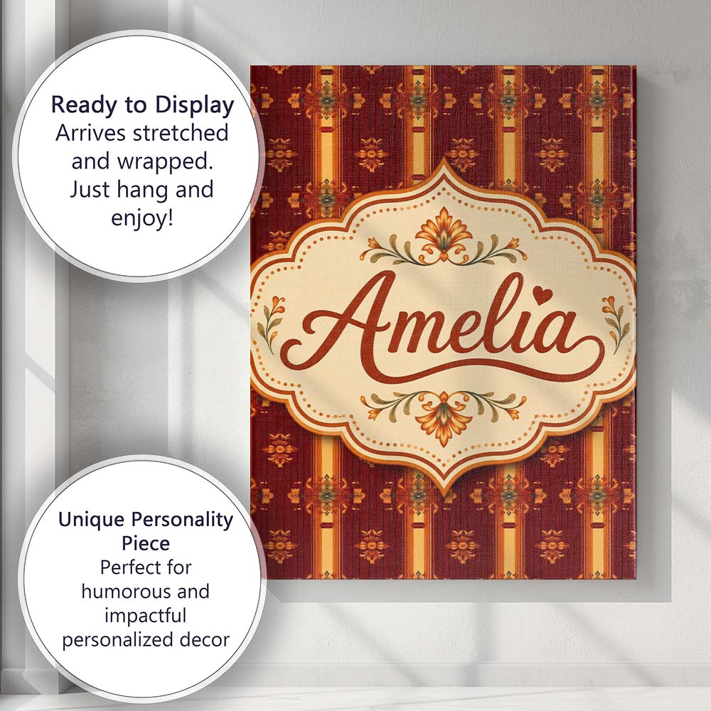 Personalised Name Rich Ornate Stripe Floral Custom  Bespoke Interior Contemporary Canvas Wall Art Print Decor Picture Ready to Hang