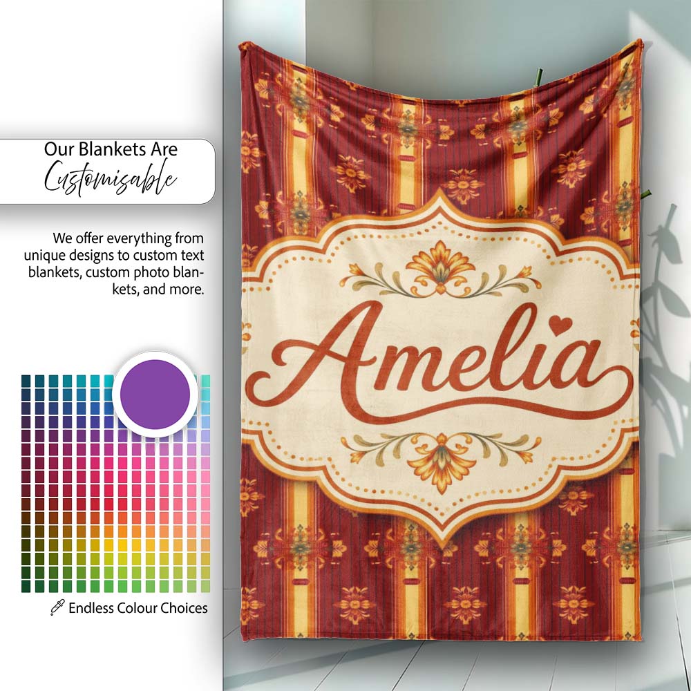 Rich Ornate Stripe Floral Pattern in Deep Red and Gold Lovely  Personalised Custom Name Super Soft Fleece Blanket Bed Sofa Throw