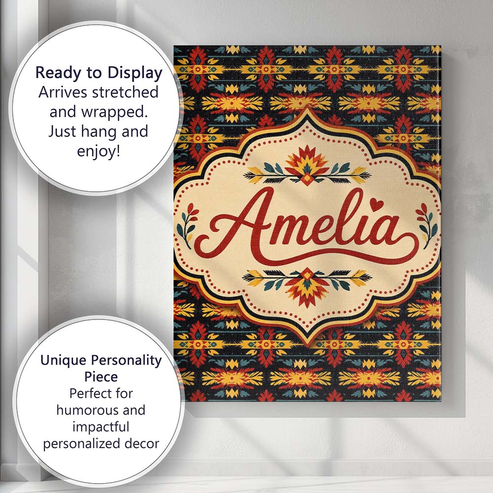 Personalised Name Bold Folk Floral Custom  Stylish Home Interior Unique Gift Idea Canvas Wall Art Print Decor Picture Ready to Hang