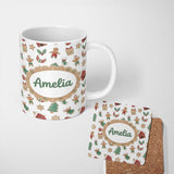 Personalized Custom Name Cute Gingerbread Cookies Stars Tree House Seamless Pattern Lovely 11oz Ceramic Coffee Tea Mug White Large Handle