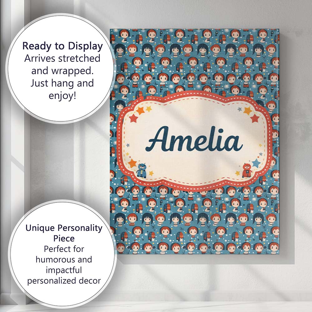 Personalised Name Cartoon Kids Blue Background Pattern Cute Character Custom Home Unique Canvas Wall Art Print Decor Picture Ready to Hang