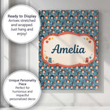 Personalised Name Cartoon Kids Blue Background Pattern Cute Character Custom Home Unique Canvas Wall Art Print Decor Picture Ready to Hang