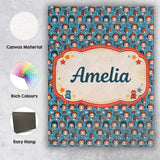 Personalised Name Cartoon Kids Blue Background Pattern Cute Character Custom Home Unique Canvas Wall Art Print Decor Picture Ready to Hang