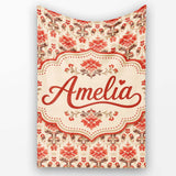 Vintage Floral Damask Pattern in Red and Taupe on Beige Background  Personalised Custom Name Super Soft Fleece Blanket Bed Sofa Throw