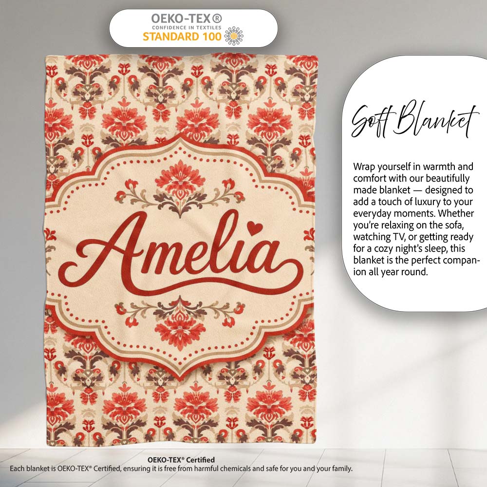 Vintage Floral Damask Pattern in Red and Taupe on Beige Background  Personalised Custom Name Super Soft Fleece Blanket Bed Sofa Throw