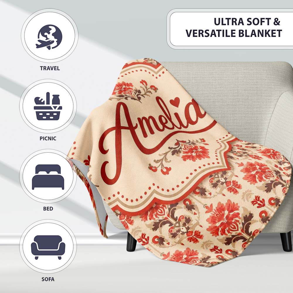 Vintage Floral Damask Pattern in Red and Taupe on Beige Background  Personalised Custom Name Super Soft Fleece Blanket Bed Sofa Throw
