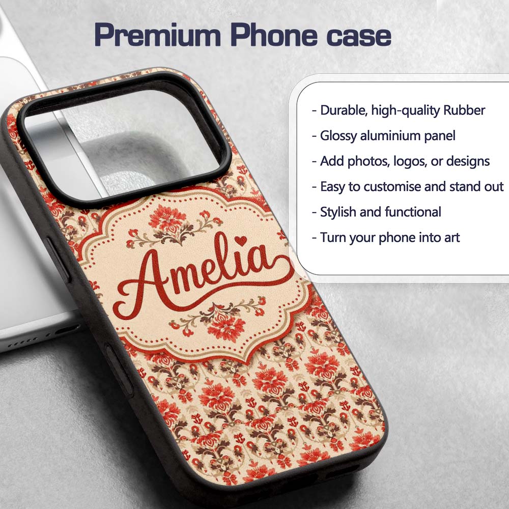 Vintage Floral Damask Pattern in Red and Taupe on Custom Name Protective Phone Case Mobile Cover Durable Everyday Smartphone Shock Resistant