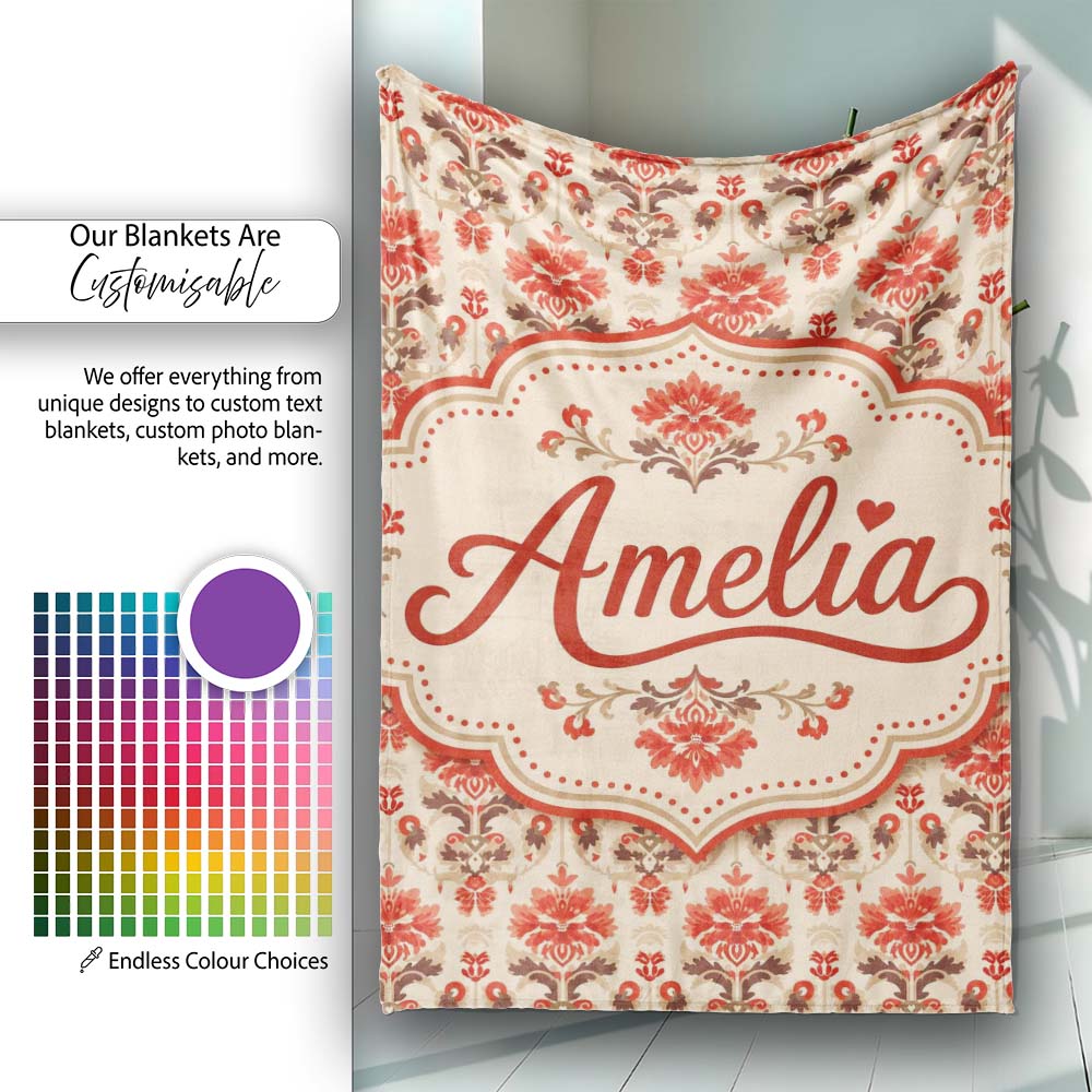 Vintage Floral Damask Pattern in Red and Taupe on Beige Background  Personalised Custom Name Super Soft Fleece Blanket Bed Sofa Throw