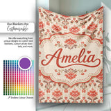 Vintage Floral Damask Pattern in Red and Taupe on Beige Background  Personalised Custom Name Super Soft Fleece Blanket Bed Sofa Throw